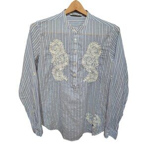 Desigual Blue Striped Button Shirt w/ Embroidered Floral Accents sz XL Slim fit